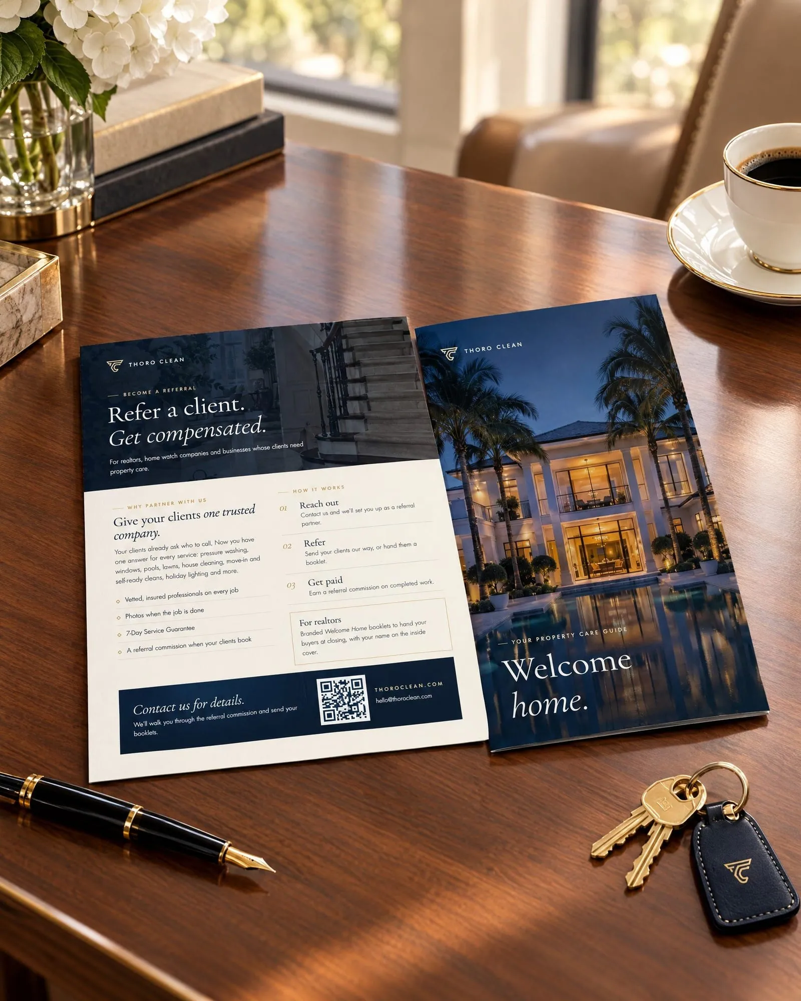 Thoro Clean referral sheet and Welcome Home booklet on a realtor’s desk with house keys